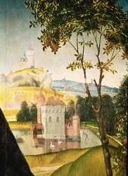 Landscape with castle in a moat and two swans (detail)